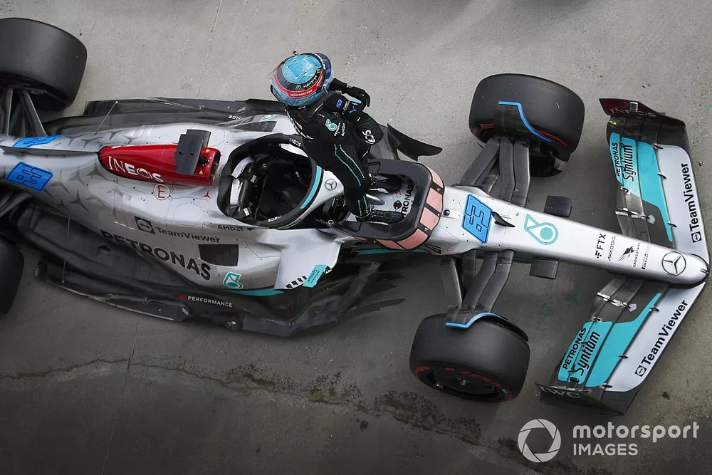 George Russell, Mercedes-AMG, celebrates in Parc Ferme after securing pole