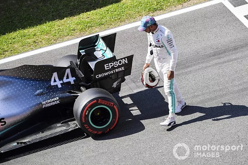Lewis Hamilton, Mercedes AMG F1 W10, inspects his car after Qualifying second on the grid