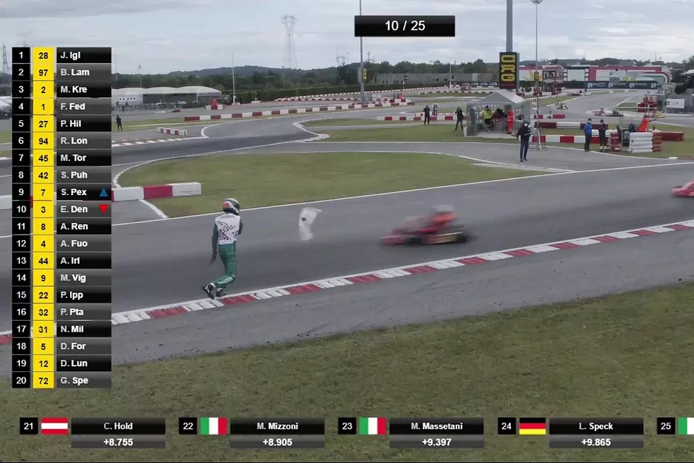 Luca Corberi throws his bumper during FIA Karting in Lonato