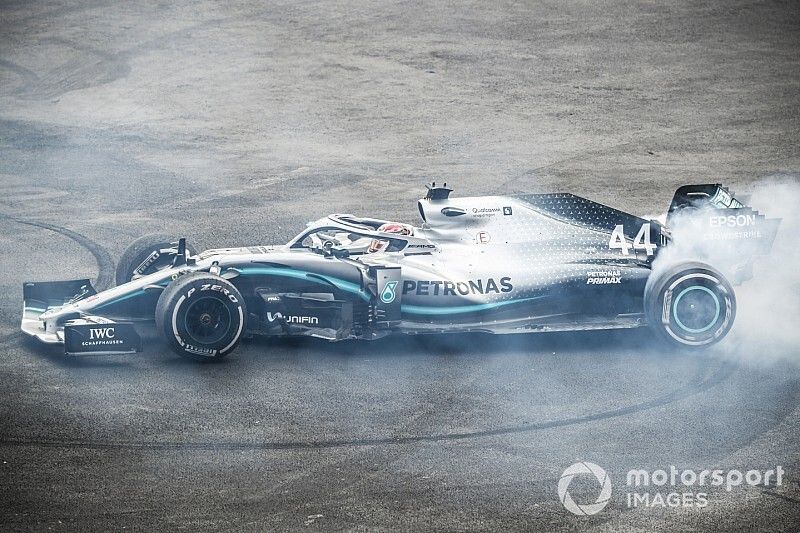 Race winner Lewis Hamilton, Mercedes AMG F1 W10 performs a donut