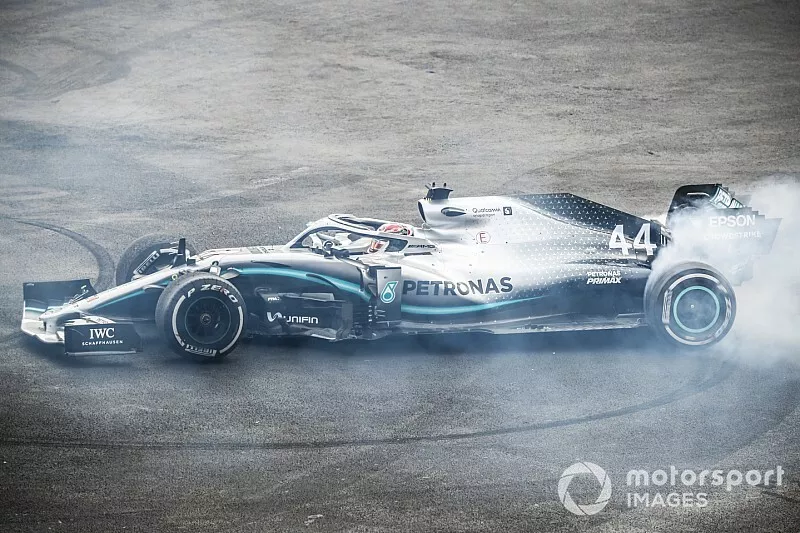 Race winner Lewis Hamilton, Mercedes AMG F1 W10 performs a donut