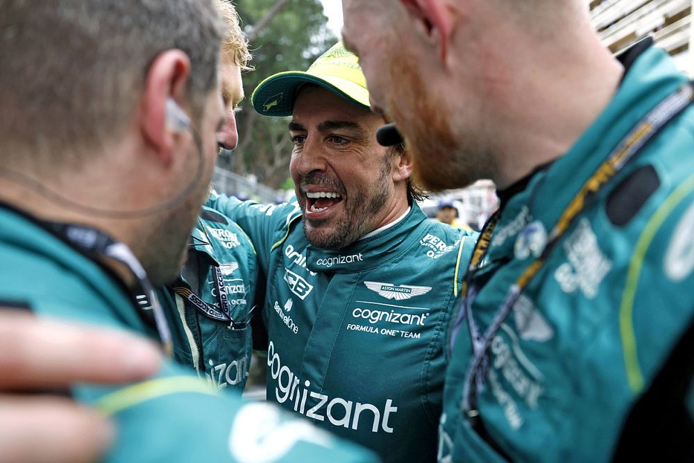 Fernando Alonso, Aston Martin F1 Team, 2nd position, celebrates with his team after the podium ceremony