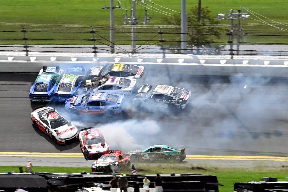 Daniel Suarez, TrackHouse Racing, Freeway Insurance Chevrolet Camaro, Denny Hamlin, Joe Gibbs Racing, FedEx Cares Toyota Camry, Justin Haley, Kaulig Racing, LeafFilter Gutter Protection Chevrolet Camaro and Ricky Stenhouse Jr, JTG Daugherty Racing, Kroger/ NOS Chevrolet Camaro, massive wreck