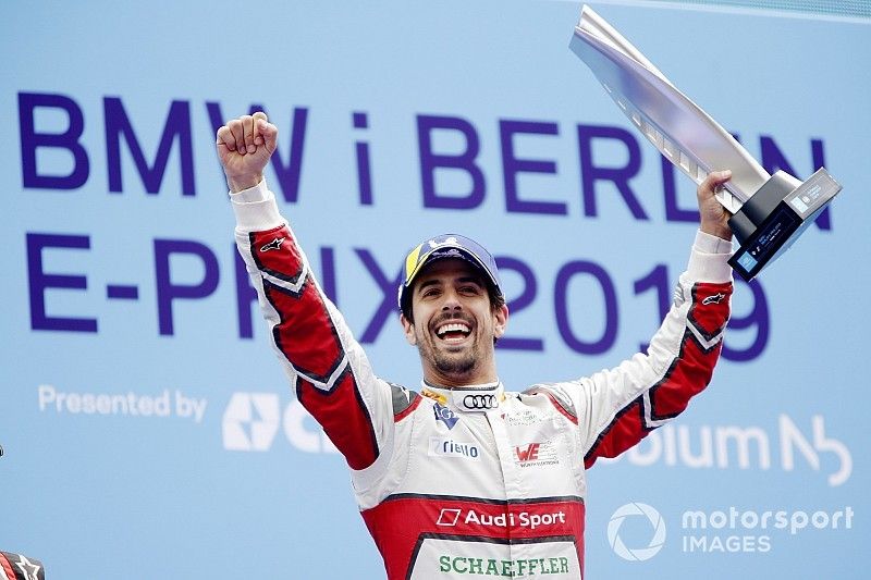 Lucas Di Grassi, Audi Sport ABT Schaeffler, celebrates on the podium with his trophy