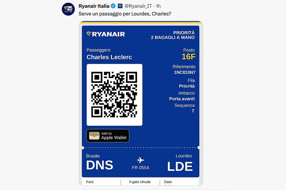 Billete de avi&oacute;n de RyanAir para Charles Leclerc