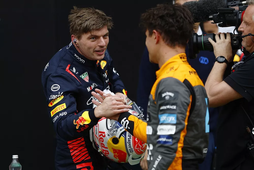 Max Verstappen, Red Bull Racing, Lando Norris, McLaren, congratulate each other after the Sprint shootout