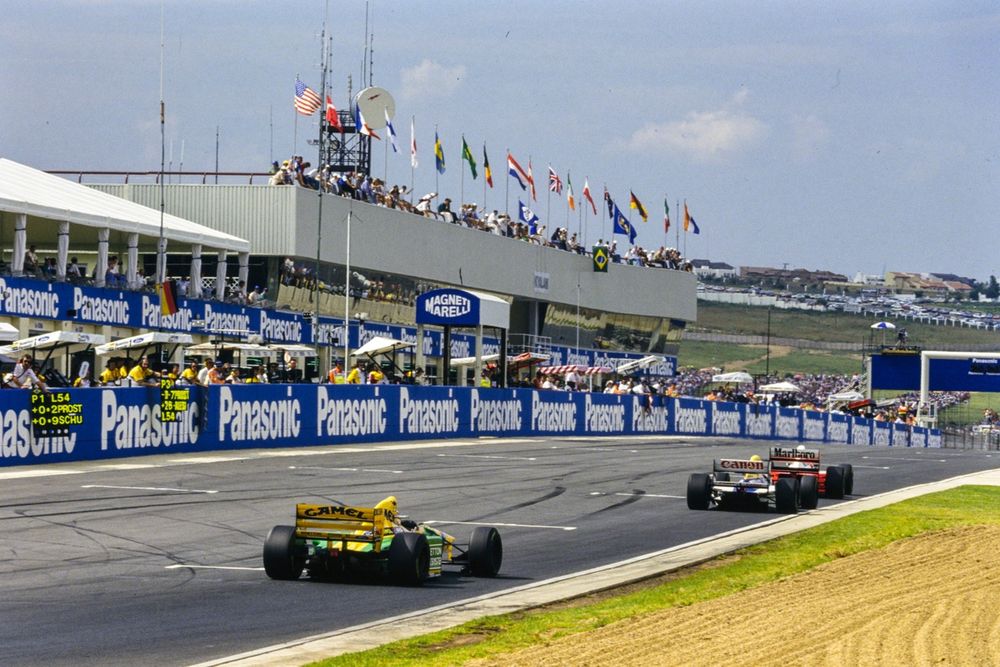 Ayrton Senna, McLaren MP4-8 Ford, leads Alain Prost, Williams FW15C Renault, and Michael Schumacher, Benetton B193B Ford