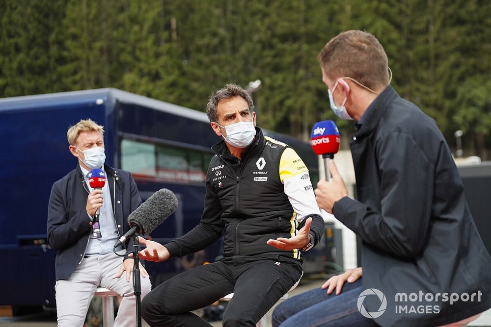 Cyril Abiteboul, Managing Director, Renault F1 Team, is interviewed by Simon Lazenby, Sky TV, and Anthony Davidson, Sky TV, on Sky Sports F1