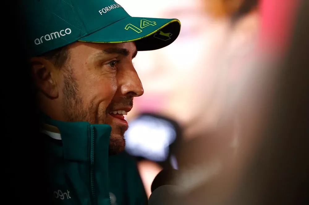 Fernando Alonso, Aston Martin F1 Team, is interviewed after Qualifying