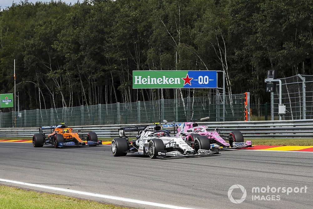 Pierre Gasly, AlphaTauri AT01, Sergio Perez, Racing Point RP20, and Lando Norris, McLaren MCL35