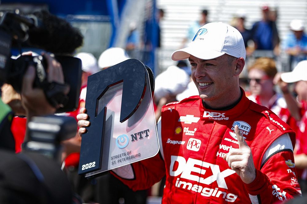 Pole sitter Scott McLaughlin, Team Penske Chevrolet celebrates his pole position