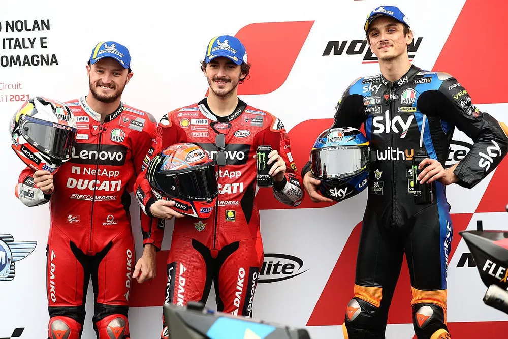 Polesitter Francesco Bagnaia, Ducati Team, second place Jack Miller, Ducati Team, third place Luca Marini, Esponsorama Racing