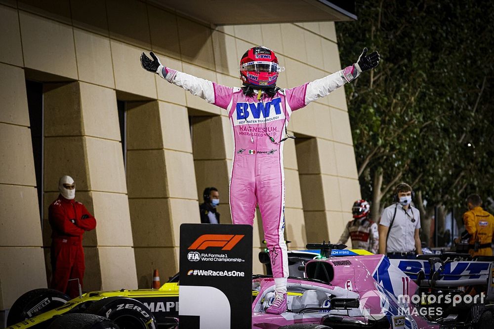 Sergio Perez, Racing Point, 1st position, celebrates in Parc Ferme