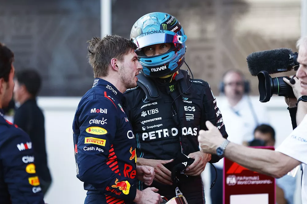 George Russell, Mercedes-AMG, Max Verstappen, Red Bull Racing, 3rd position, talk in Parc Ferme after the Sprint race