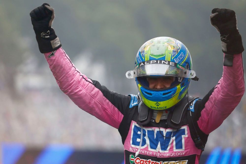 Esteban Ocon, Alpine F1 Team, 2nd position, celebrates in Parc Ferme