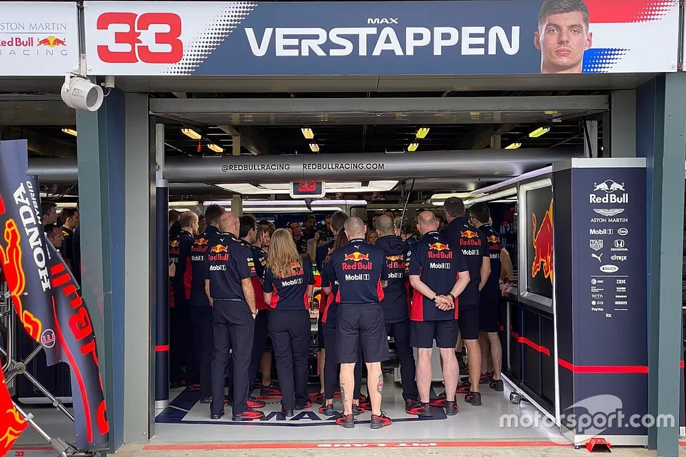 Red Bull Racing team being addressed by Christian Horner ahead of the official announcement of the Australian GP being cancelled