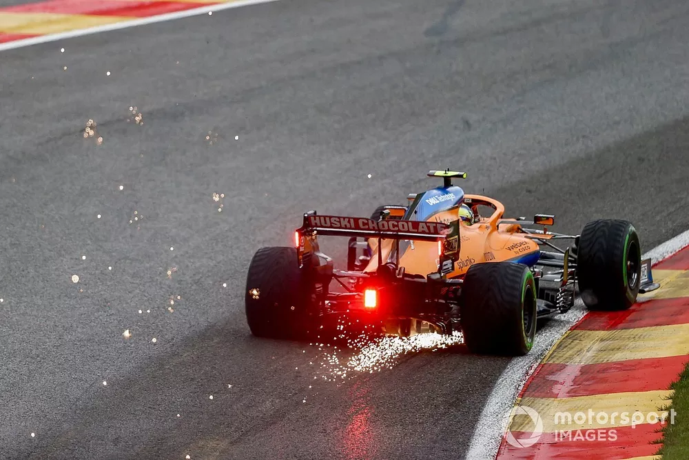Sparks fly from Lando Norris, McLaren MCL35M