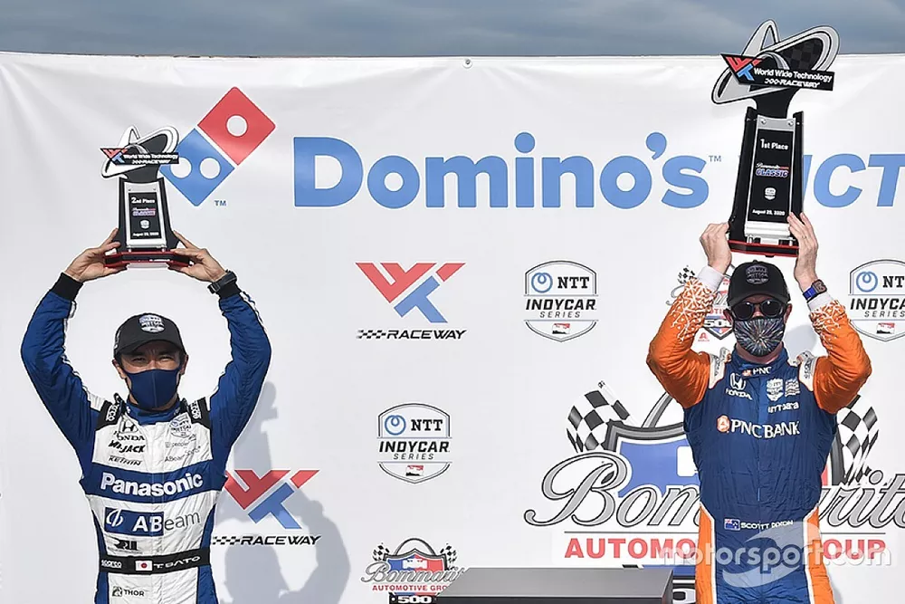 Race 1 podium: Winner Scott Dixon, Chip Ganassi Racing Honda, Takuma Sato, Rahal Letterman Lanigan Racing Honda, Patricio O'Ward, Arrow McLaren SP Chevrolet
