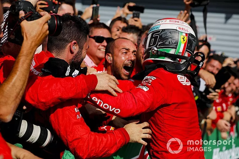Race winner Charles Leclerc, Ferrari celebrates in Parc Ferme with his Ferrari team