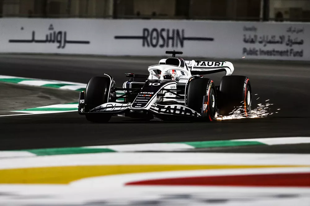 Pierre Gasly, AlphaTauri AT03, kicks up some sparks