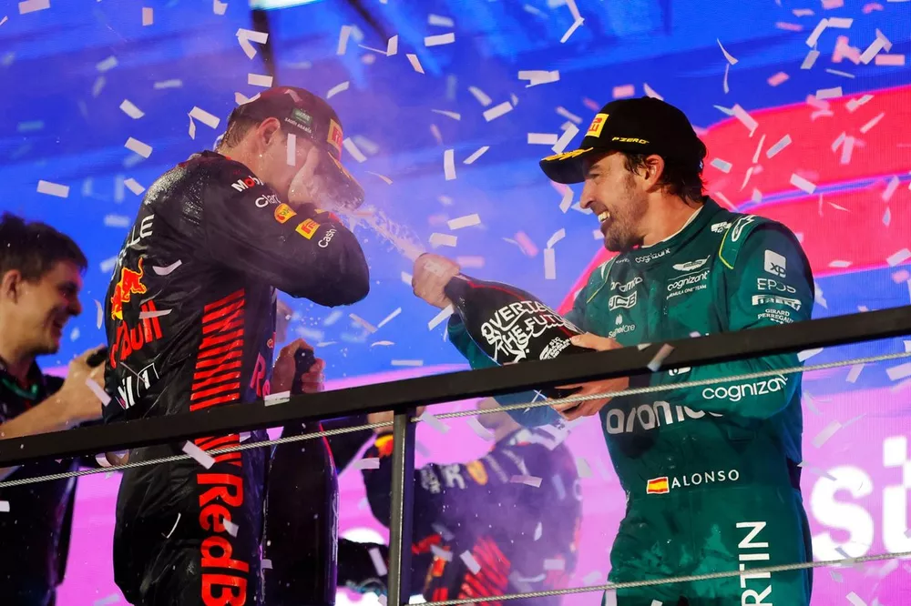 Max Verstappen, Red Bull Racing, 2nd position, Fernando Alonso, Aston Martin F1 Team, provisionally 3rd position, on the podium