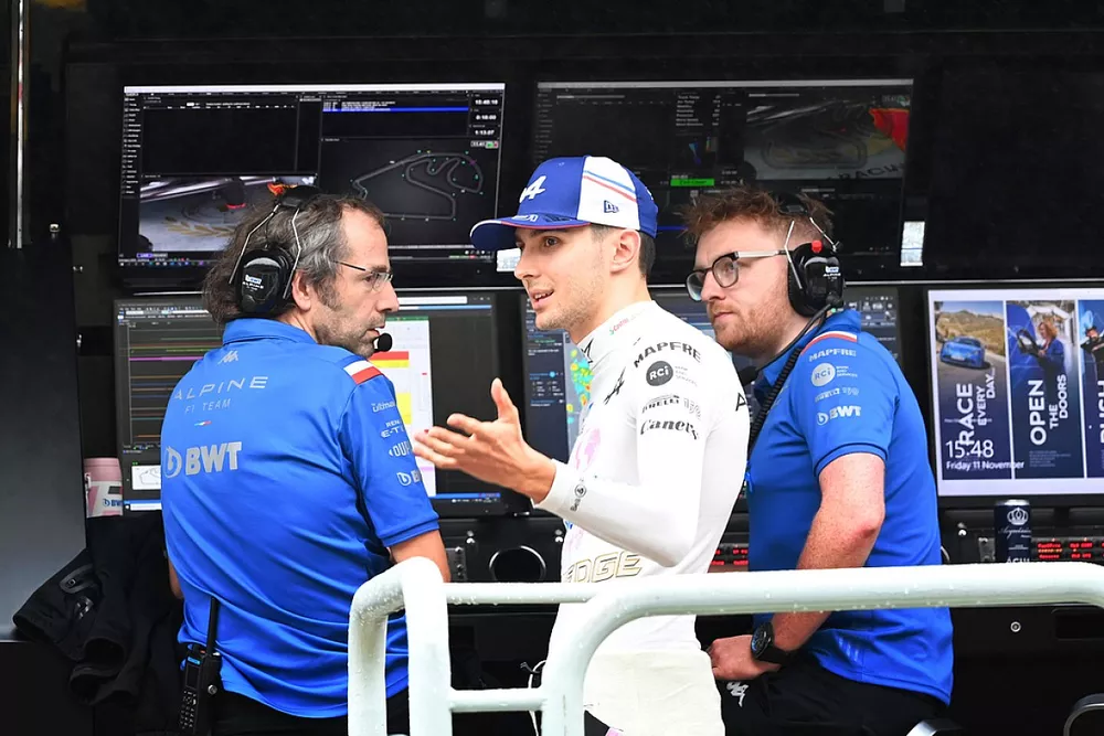 Esteban Ocon, Alpine F1 Team, on the pit wall