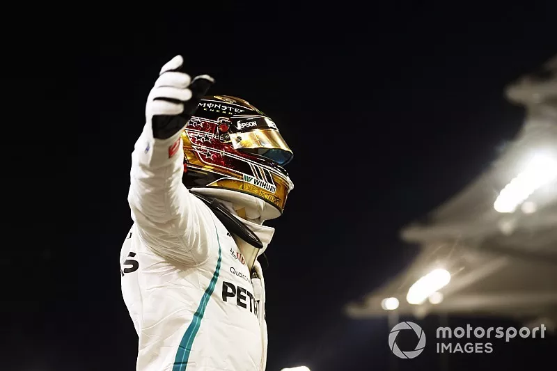 Lewis Hamilton, Mercedes AMG F1, celebrates after taking pole position