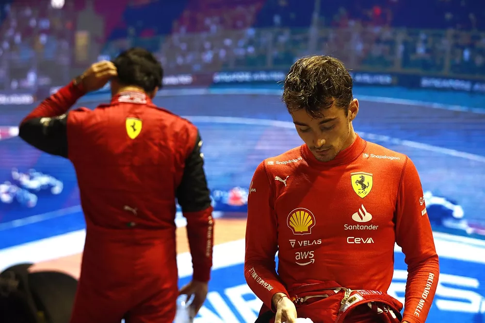 Carlos Sainz, Ferrari, 3rd position, Charles Leclerc, Ferrari, 2nd position, in Parc Ferme