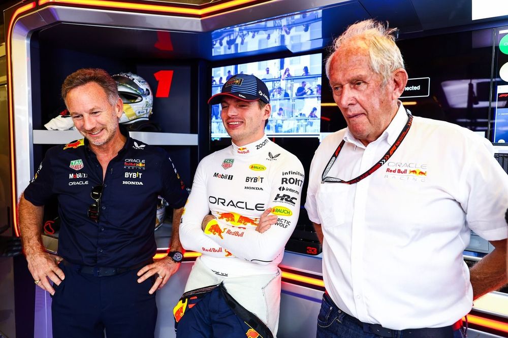 Red Bull Racing Team Principal Christian Horner, Max Verstappen, Red Bull Racing, Consultant Dr Helmut Marko