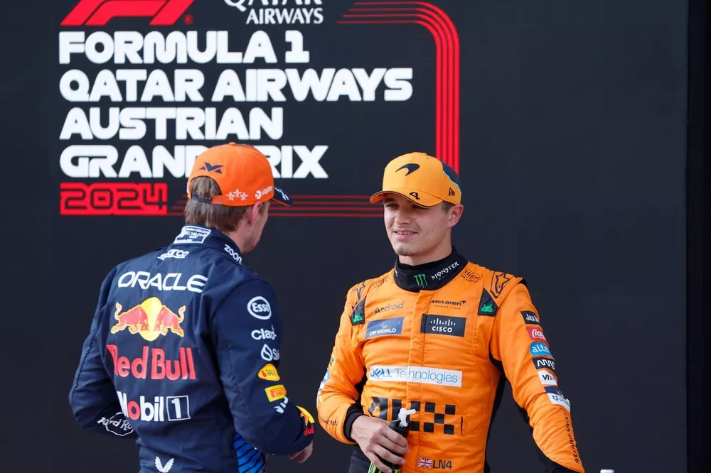 Pole man Max Verstappen, Red Bull Racing, Lando Norris, McLaren F1 Team, talk in Parc Ferme