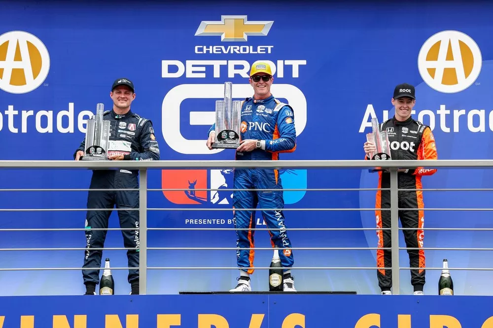 Scott Dixon, Chip Ganassi Racing Honda, Marcus Ericsson, Andretti Global Honda, Marcus Armstrong, Chip Ganassi Racing Honda, podium