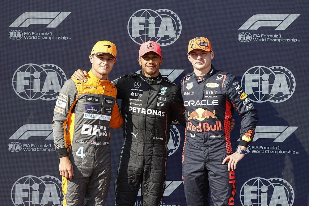 Top three qualifiers Lando Norris, McLaren, pole man Lewis Hamilton, Mercedes-AMG, Max Verstappen, Red Bull Racing