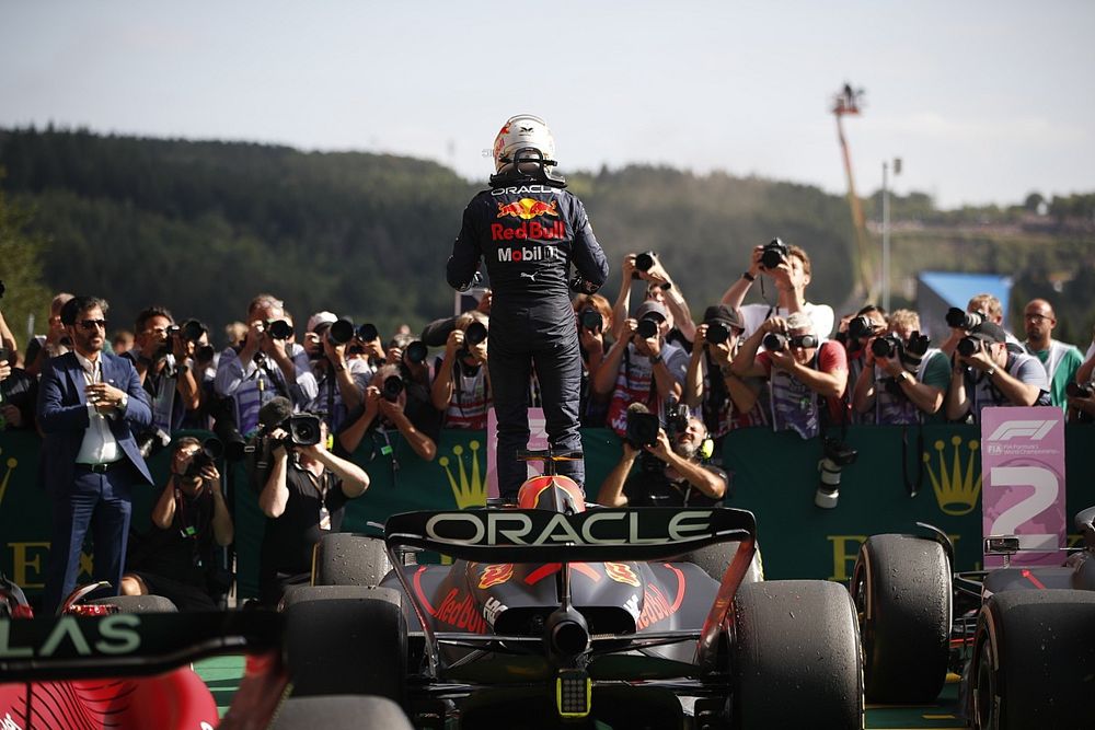 Max Verstappen, Red Bull Racing, 1st position, celebrates on arrival in Parc Ferme