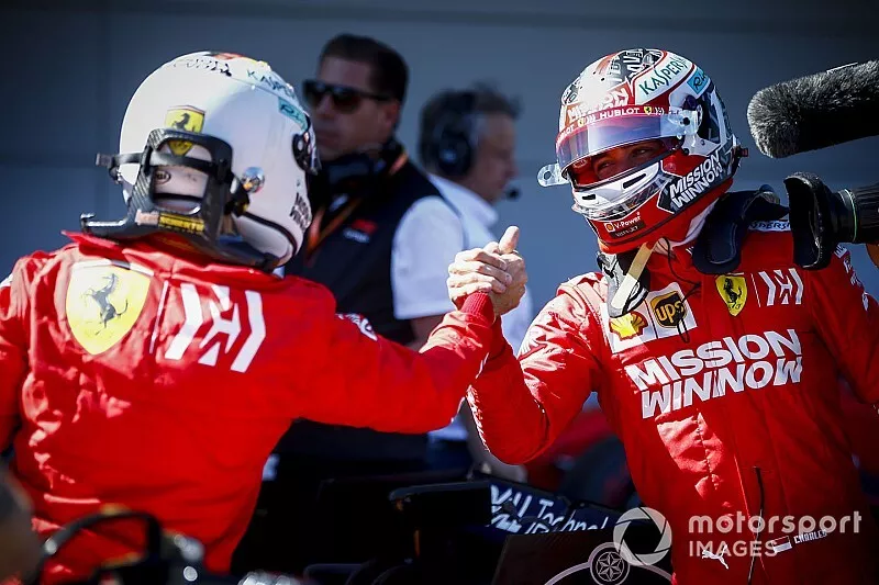 Le poleman Sebastian Vettel, Ferrari et Charles Leclerc, Ferrari, dans le Parc Ferm&eacute;