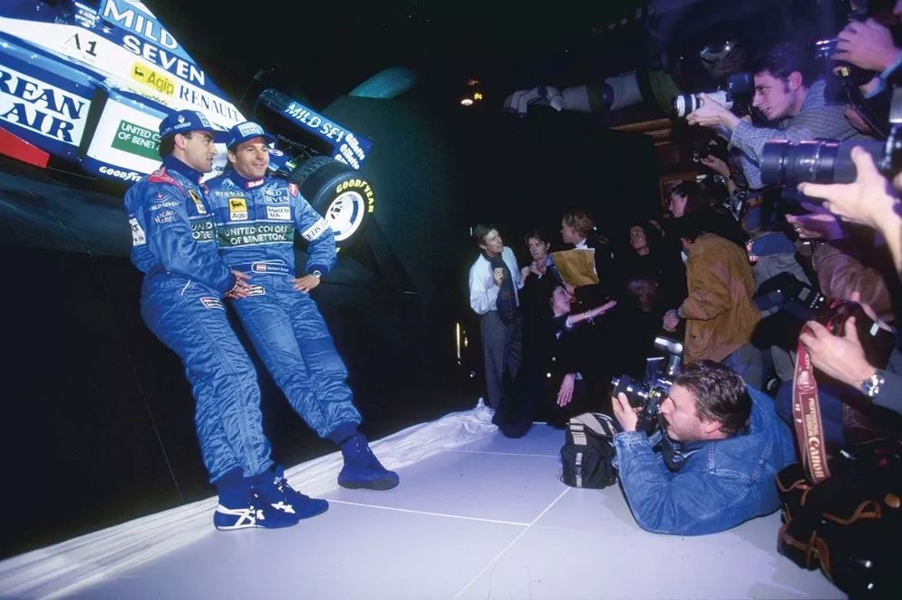 Gerhard Berger, Jean Alesi at Benetton 1997 F1 car launch
