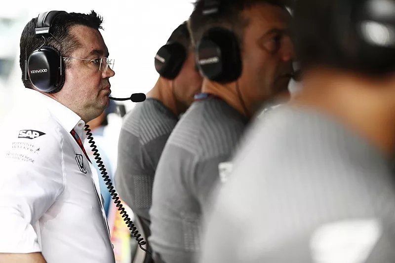 Eric Boullier, Racing Director, McLaren, on the pit gantry