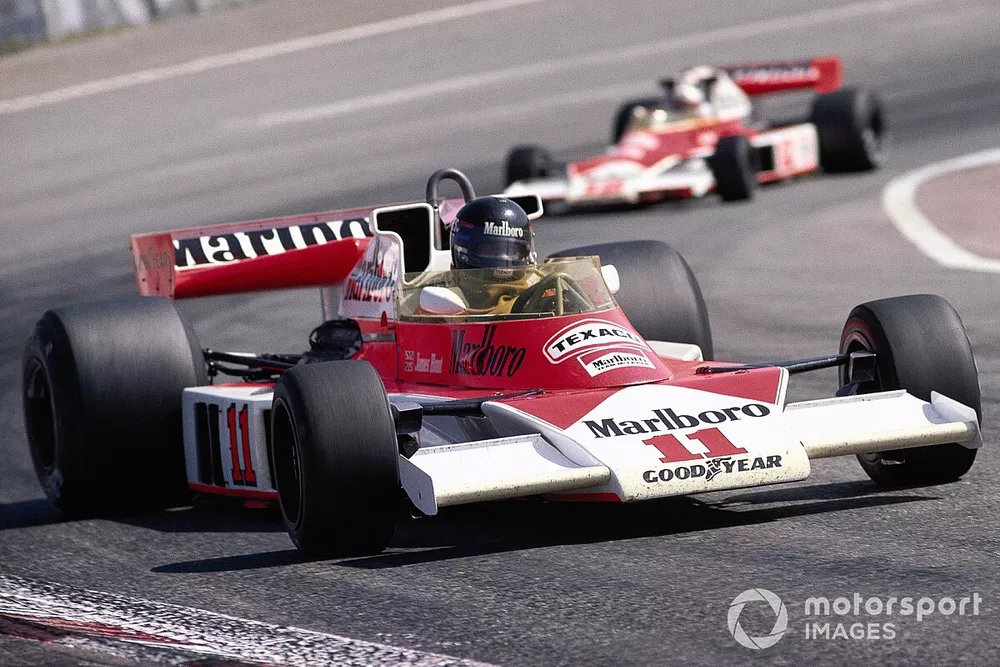 James Hunt, McLaren M23 Ford, leads Jochen Mass, McLaren M23 Ford