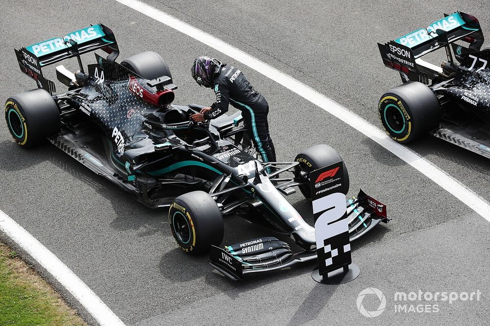 Lewis Hamilton, Mercedes F1 W11, arrives in Parc Ferme after Qualifying