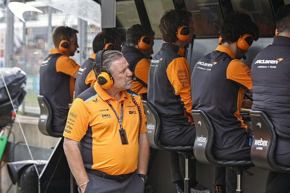 Zak Brown, CEO, McLaren Racing, at the pit wall