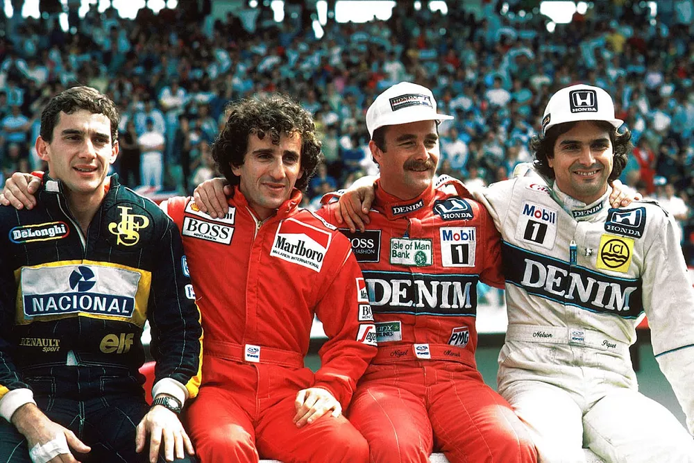 Les pr&eacute;tendants au titre de Champion du monde 1986 : Ayrton Senna, Lotus, Alain Prost, McLaren, Nigel Mansell, Williams, Nelson PIquet, Williams
