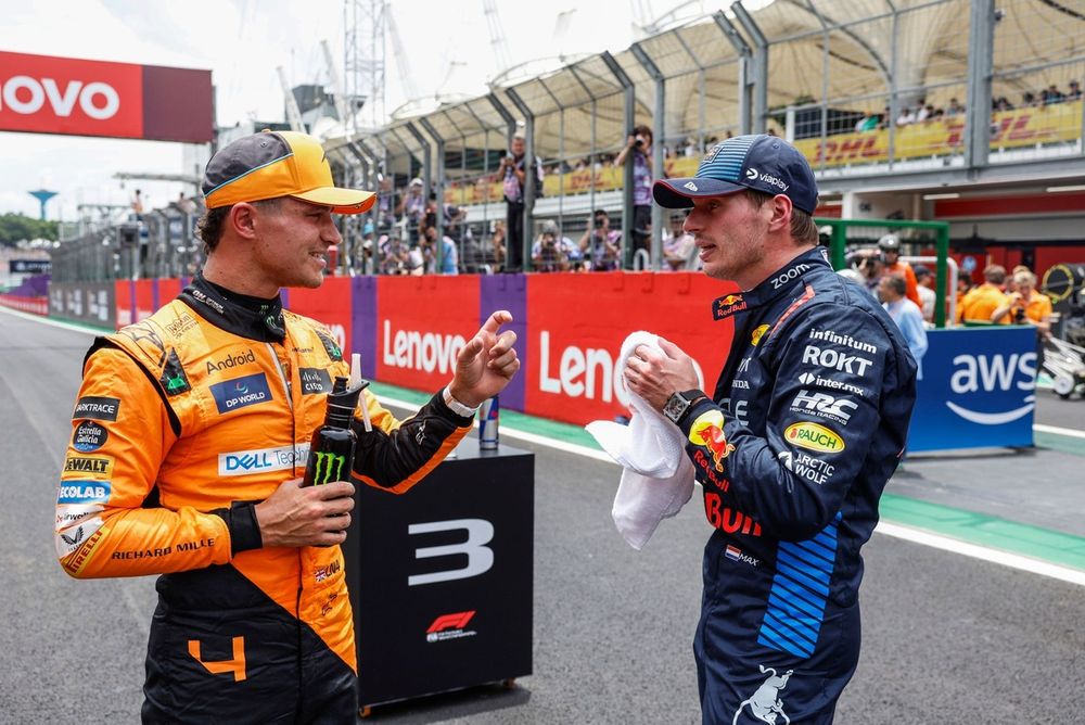 Lando Norris, McLaren F1 Team, 1st position, Max Verstappen, Red Bull Racing, 3rd position, in Parc Ferme after the Sprint