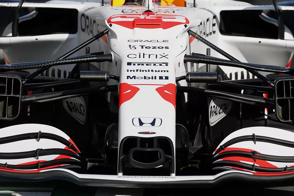 The Honda tribute livery on the car of Max Verstappen, Red Bull Racing RB16B