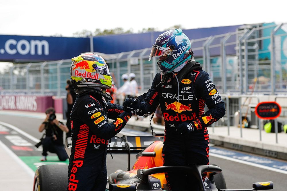 Sergio Perez, Red Bull Racing, 2nd position, Max Verstappen, Red Bull Racing, 1st position, congratulate each other in Parc Ferme