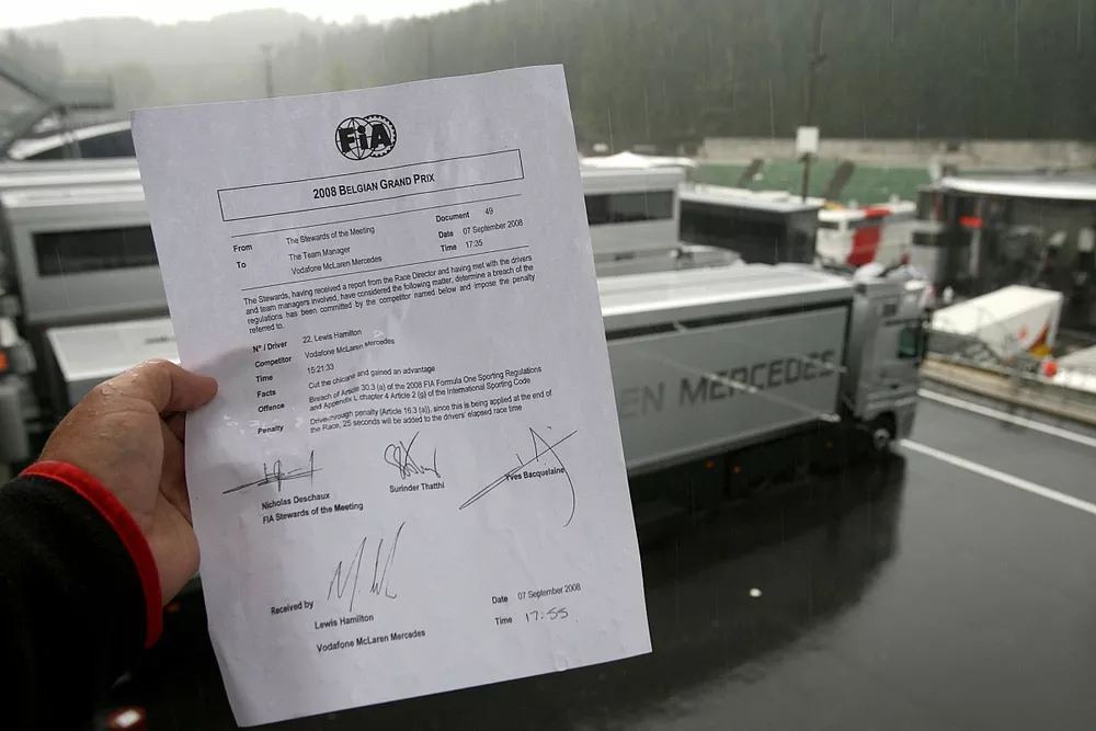 A press release from the FIA announcing that Lewis Hamilton, McLaren Mercedes has been given a 25 second penalty  