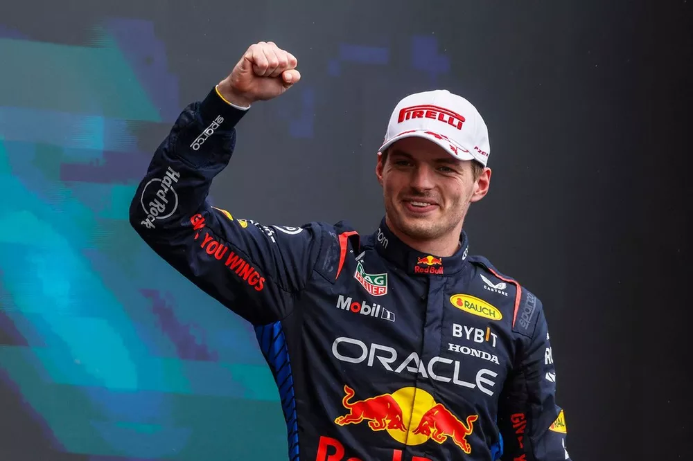 Max Verstappen, Red Bull Racing, 1st position, celebrates on the podium