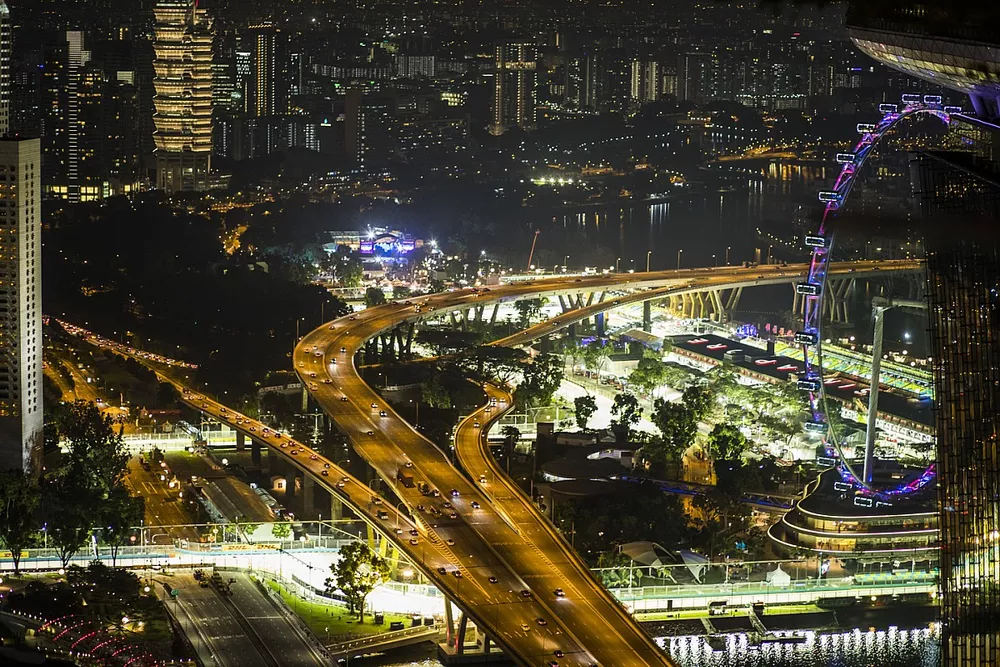 A scenic view of Singapore at night, and the Marina Bay Formula 1 street circuit