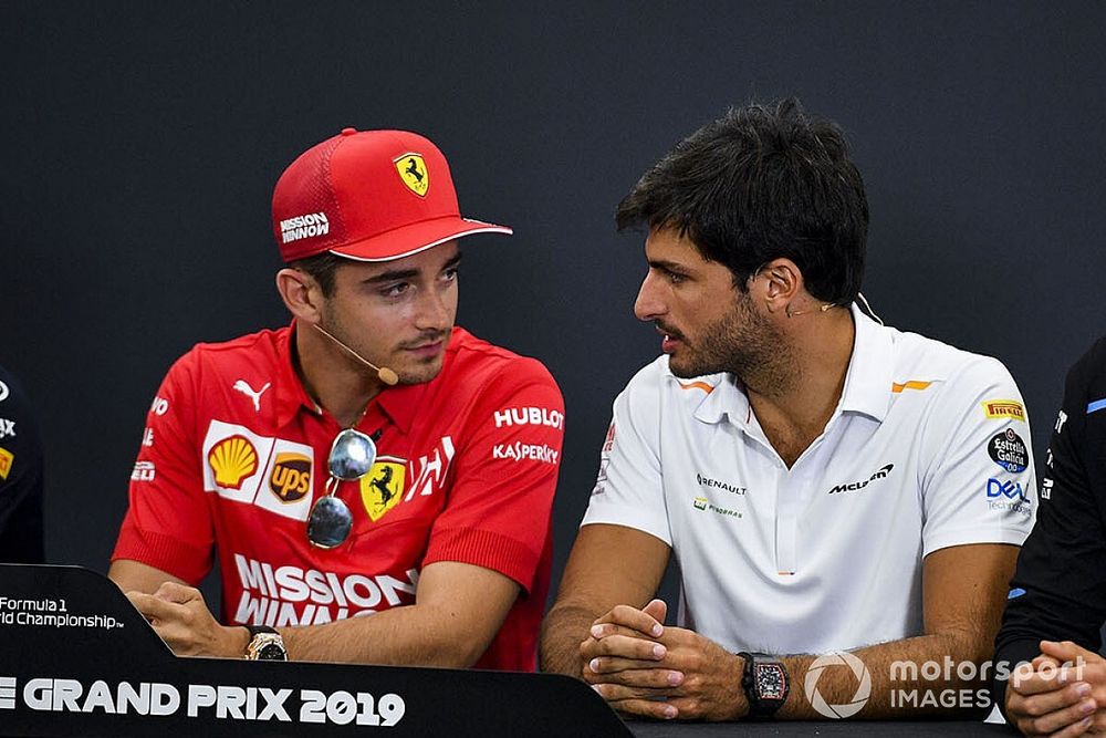 Charles Leclerc, Ferrari, Carlos Sainz Jr., McLaren and George Russell, Williams Racing in the Press Conference 