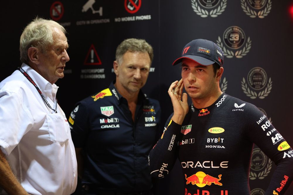 Helmut Marko, Consultant, Red Bull Racing, Christian Horner, Team Principal, Red Bull Racing, and Sergio Perez, Red Bull Racing