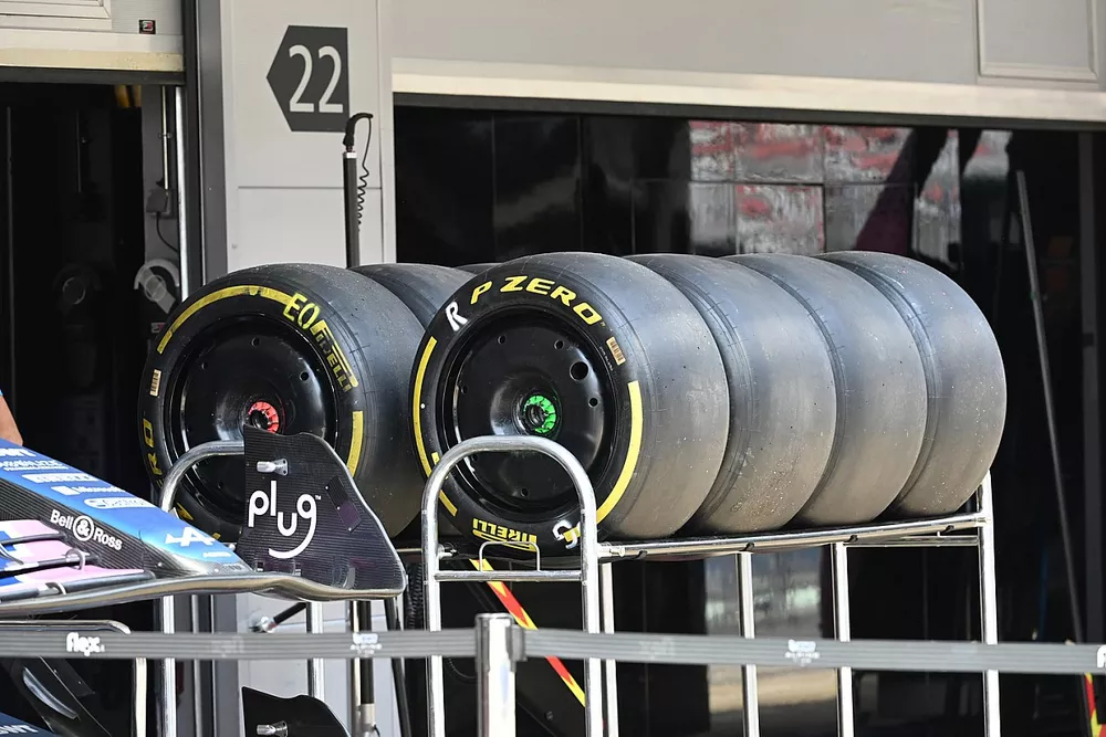 Pirelli tyres outside of the Alpine garage