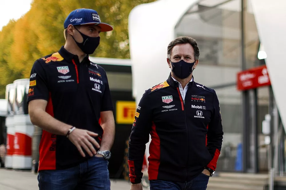 Max Verstappen, Red Bull Racing, Christian Horner, Team Principal, Red Bull Racing, and Alex Albon, Red Bull Racing